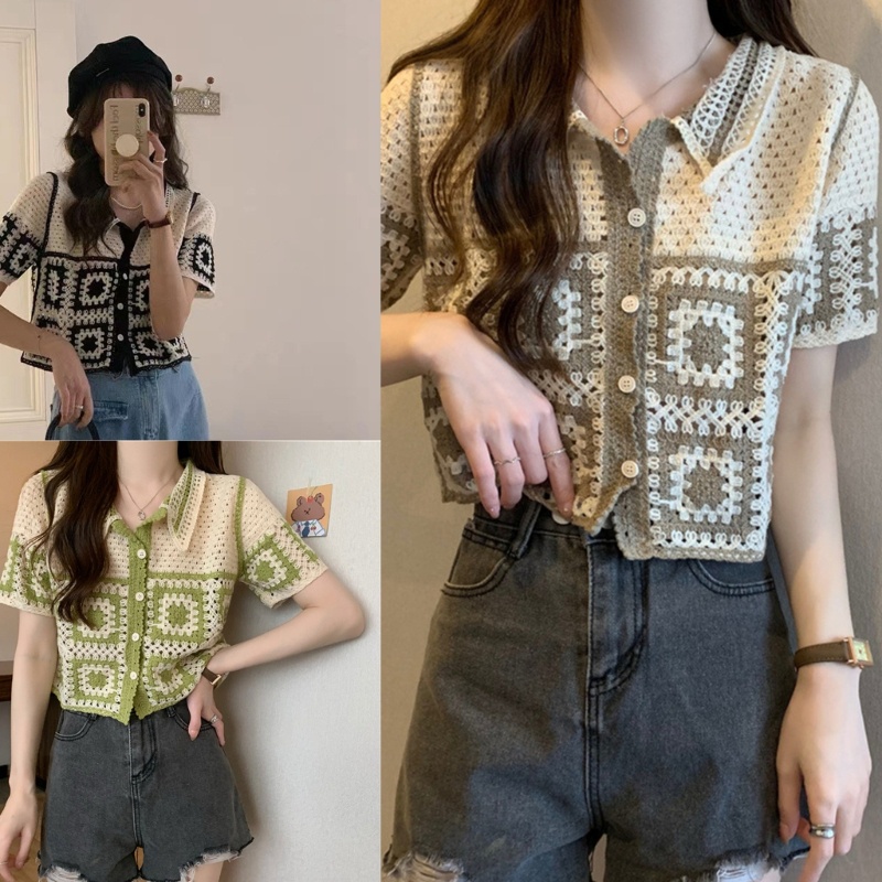 [PC] Áo Croptop Dệt Kim Tay Ngắn Khoét Lỗ Phong Cách Bohemian Cho Thanh Thiếu Niên