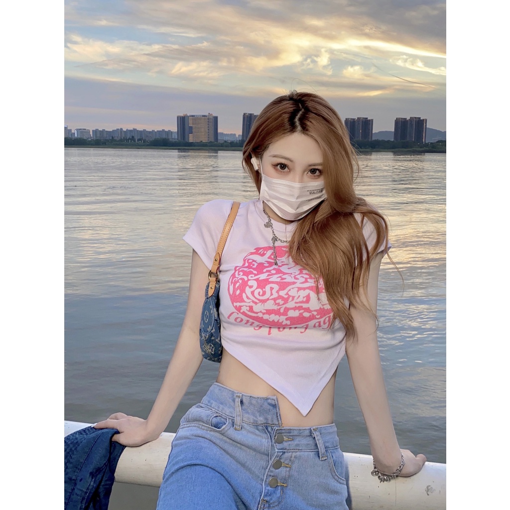 Ethelgirl Áo Croptop Tay Ngắn Dáng Ôm In Họa Tiết Phong Cách Cổ Điển Thời Trang Quyến Rũ Cho Nữ