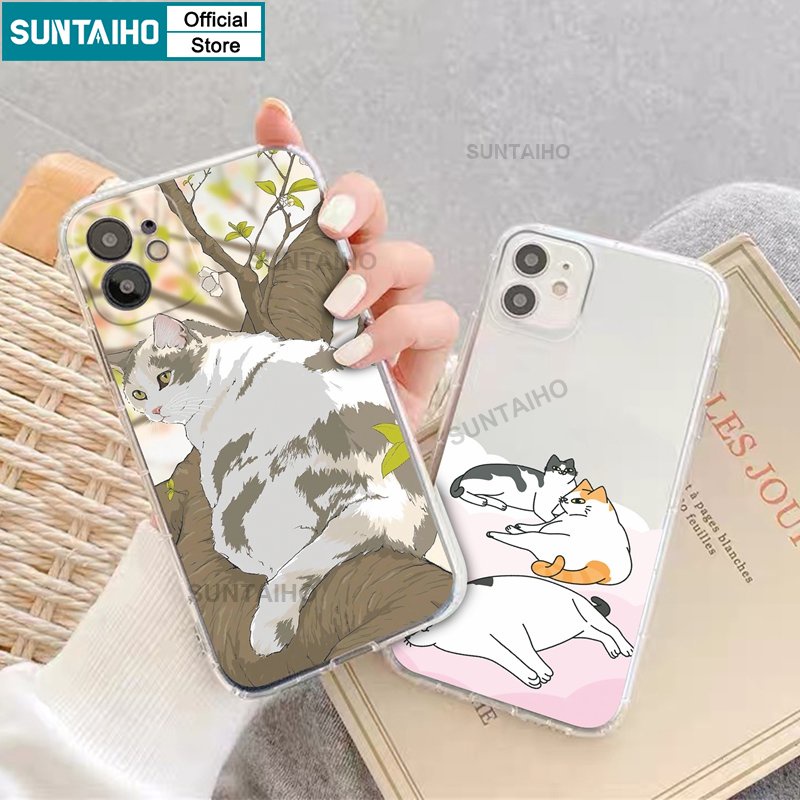 Suntaiho Ốp lưng iphone Ốp Điện Thoại TPU Mềm Trong Suốt In Hình Mèo Lười Cho iPhone 11 Pro Max 12 13 14 Pro XR XS Max 7 Plus 8 Plus
