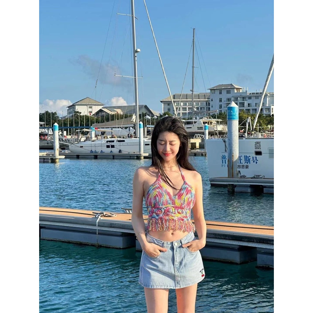 Niche Áo Hai Dây Dáng Ngắn Có Đệm Ngực Thiết Kế Nhân Vật Nhiều Màu Sắc Mặc Trong Kỳ Nghỉ