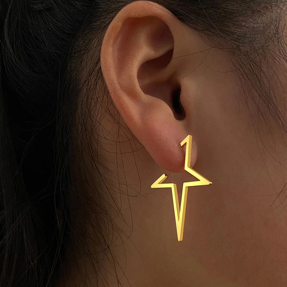 Bông Tai Hình Ngôi Sao Năm Cánh Bằng Thép Không Gỉ Phong Cách Hip Hop Đường Phố Hàn Quốc