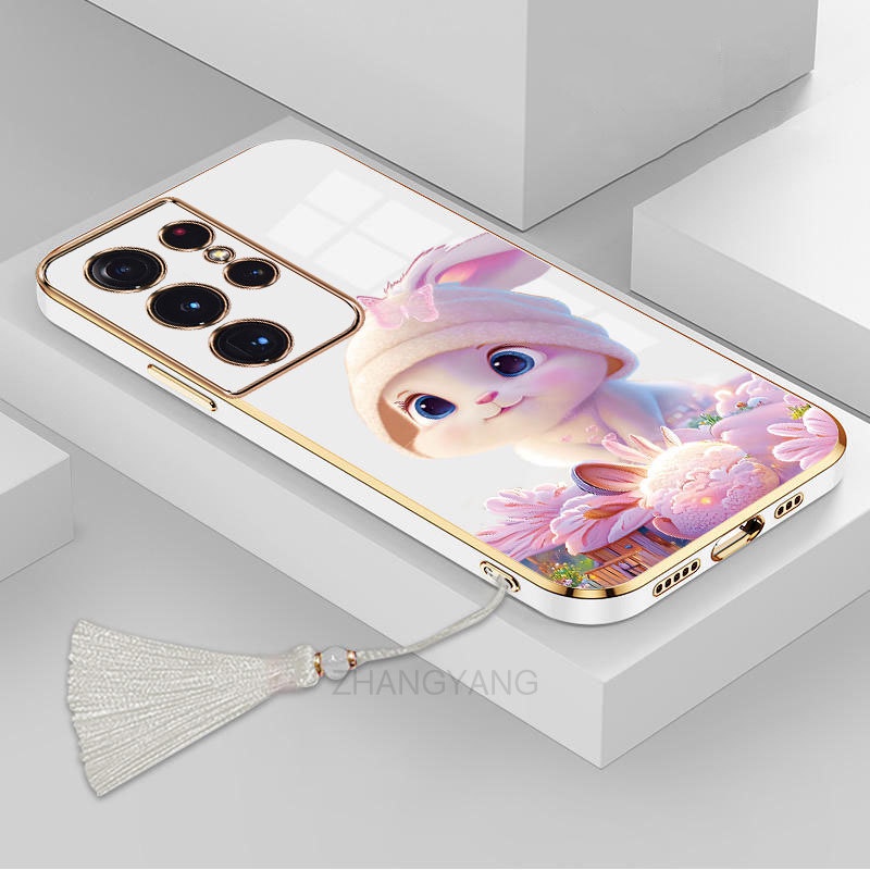 ốp lưng Samsung s23 Ultra s23 plus s23 Ốp Điện Thoại Tpu Dẻo Mạ Màu Gradient In Hình Thỏ Kèm Dây Đeo Cho Samsung s23 Ultra s23 plus s23