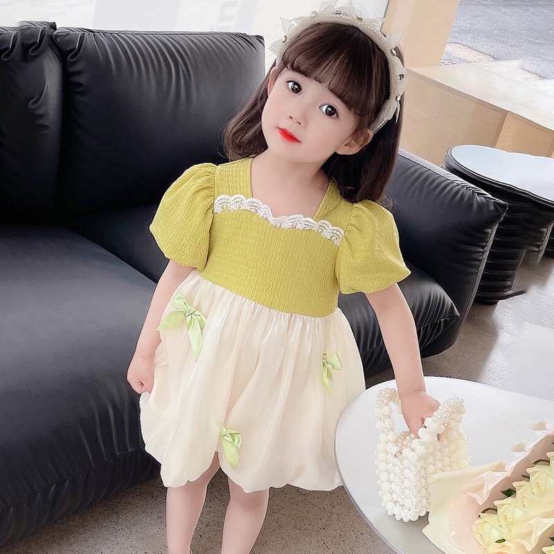 Đầm Tay Phồng Phối Lưới Đính Nơ Phong Cách Hàn Quốc Xinh Xắn Cho Bé Gái 0-5 Tuổi