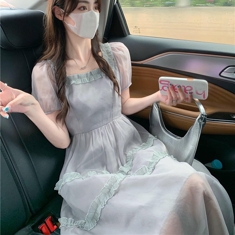 IELGY   Đầm Eo Cao Phối Ren Mỏng Màu Trơn Phong Cách IELGY    mori Dành Cho Nữ