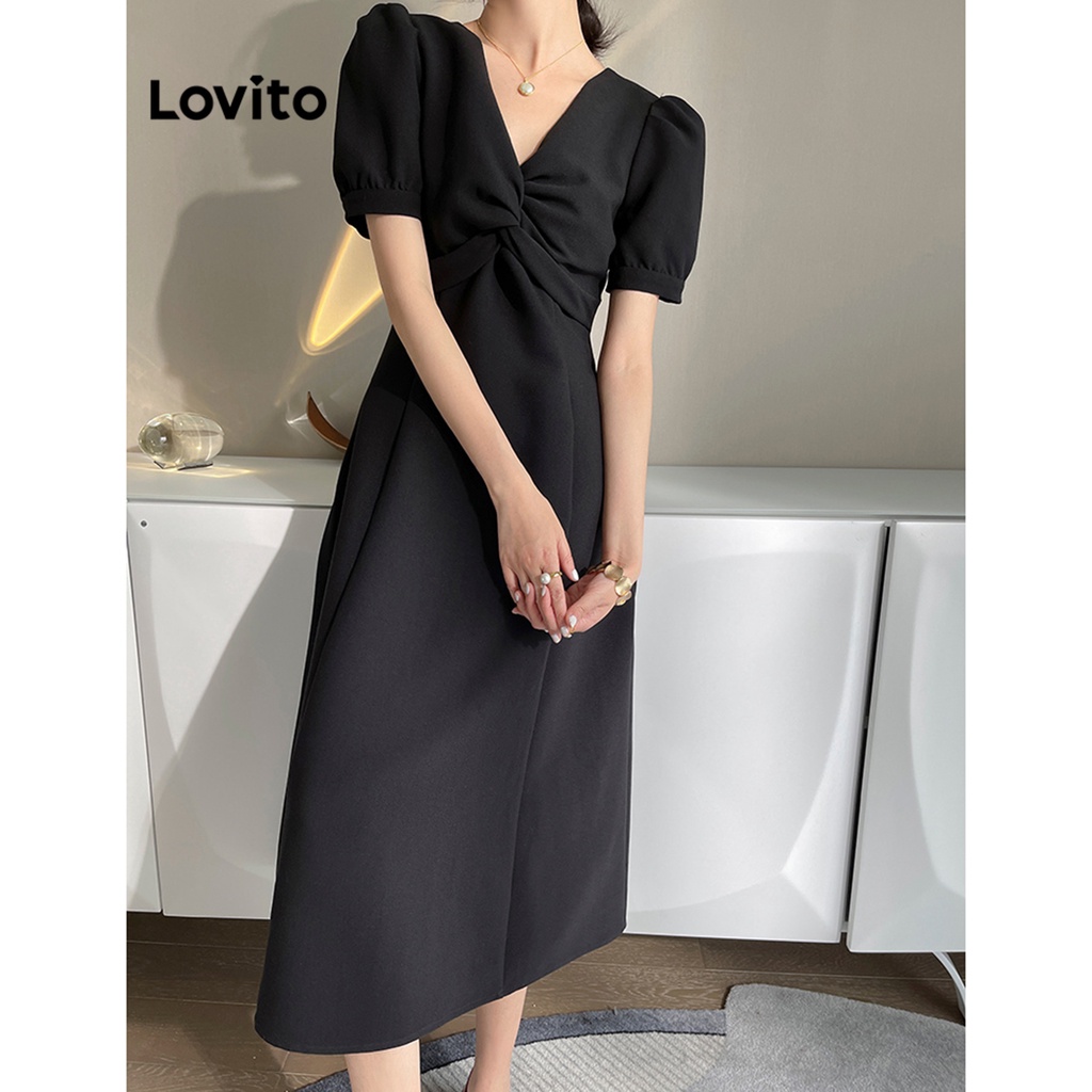 Đầm LOVITO dáng chữ A cổ V ôm eo tay phồng xếp nếp màu trơn thường ngày cho nữ LNE05032 (màu đen)