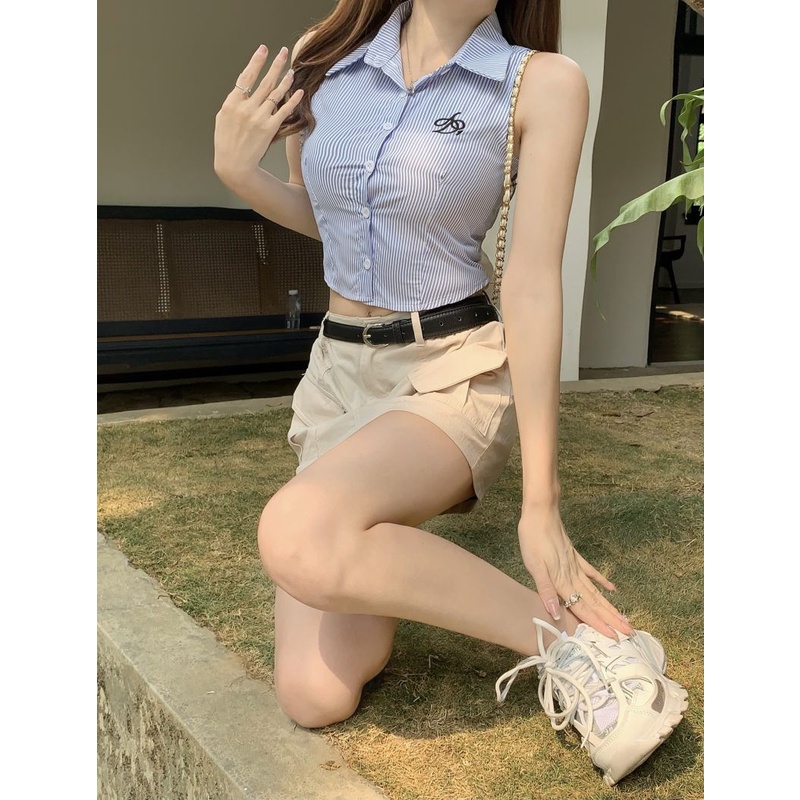 「Nonfatgirl」Áo Thun Ba Lỗ Sọc Ngang Thời Trang Nữ Tính