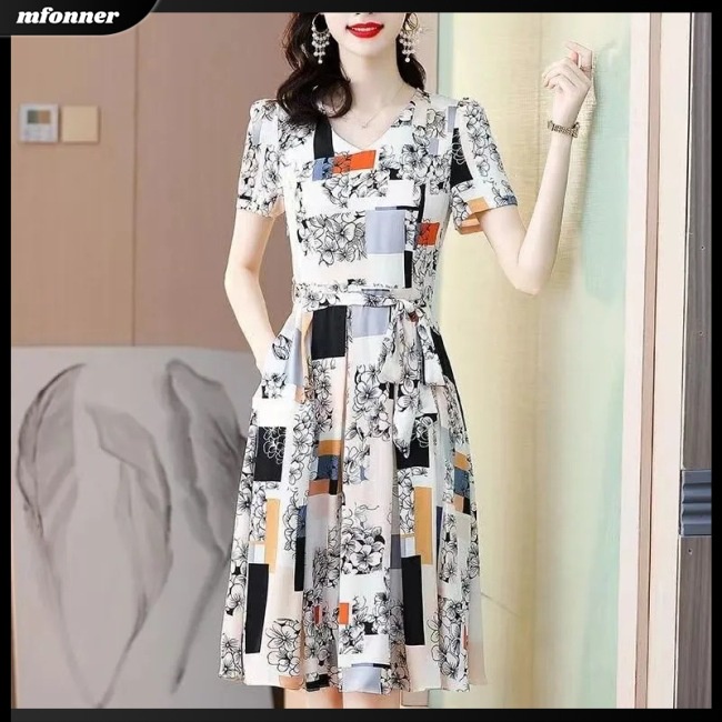 Đầm Midi Chữ A Tay Ngắn Cổ Chữ V Eo Cao In Họa Tiết Thanh Lịch Có Size Lớn Cho Nữ