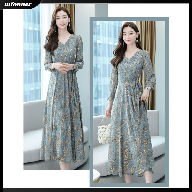 Đầm Dài Tay Cổ Chữ V In Họa Tiết Thanh Lịch Dành Cho Nữ