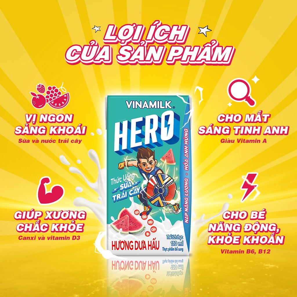 2 Thùng Thức uống Sữa trái cây Hero Vị Dưa Hấu 110ml - 48 hộp/Thùng