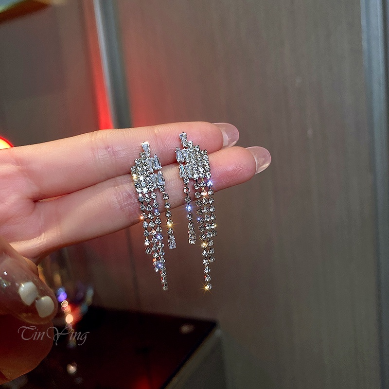 GETNOIVAS Bông Tai Mạ Bạc 925 Dáng Dài Đính Đá Zircon Phong Cách Hàn Quốc Thời Trang Cho Nữ