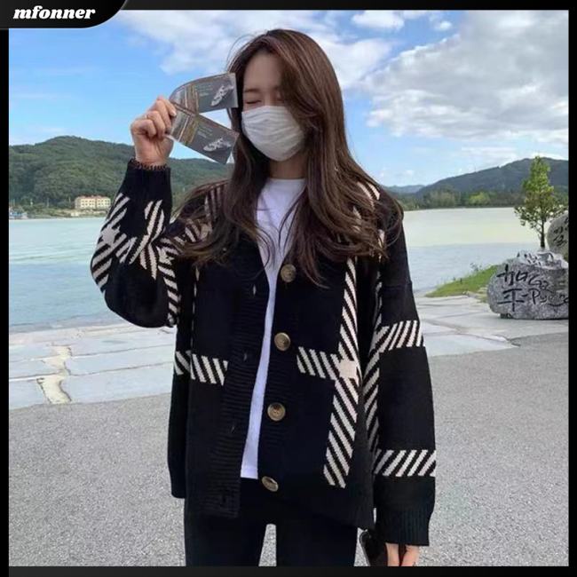 Áo Khoác Cardigan Dệt Kim Tay Dài Dáng Rộng Cổ Chữ V Họa Tiết Kẻ Sọc Thời Trang Mùa Đông Cho Nữ