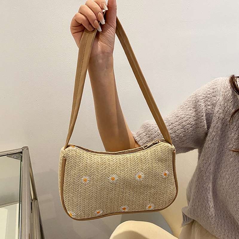 Túi Xách Đan Rơm Đính Hoa Cúc Thời Trang Cho Nữ