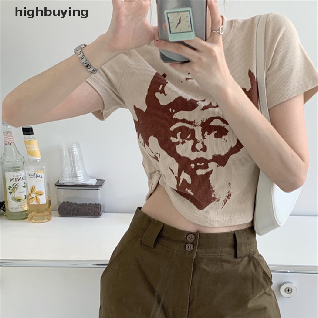 Áo Thun Lửng Ngắn Tay Cổ Tròn In Họa Tiết Phong Cách Retro Mỹ