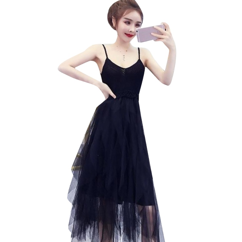 Xiangbao Đầm Midi Dệt Kim Hai Dây Dáng Dài Cổ Chữ V Vải Tuyn Lưới Xuyên Thấu Nhiều Lớp Ngọt Ngào Cho Nữ D