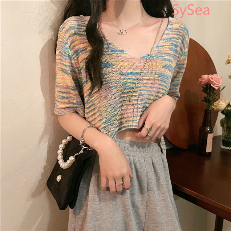 Áo Croptop Dệt Kim Kẻ Sọc Thời Trang Mùa Hè Cho Nữ