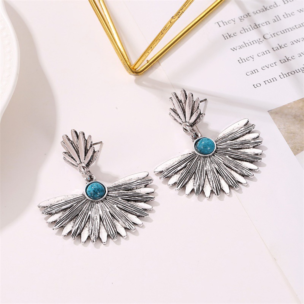 Xia XIA| Bông Tai Hình Quạt Đính Đá Ngọc Lam Giả Phong Cách Vintage
