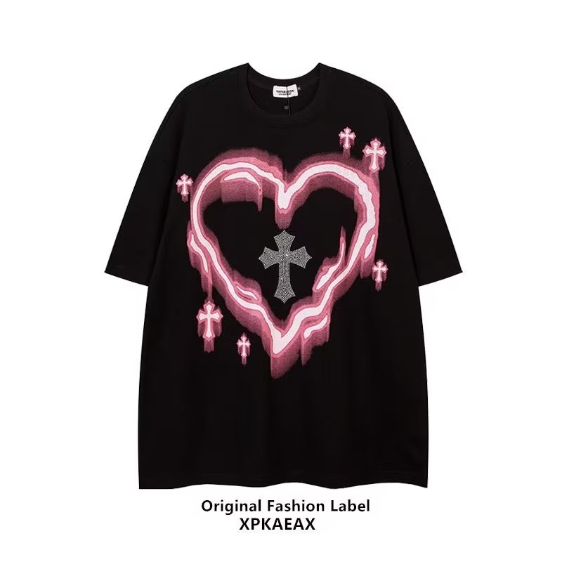 Áo Thun Ngắn Tay Dáng Rộng Họa Tiết Chữ Thập Đính Đá Phong Cách Đường Phố Mỹ Cho Nam