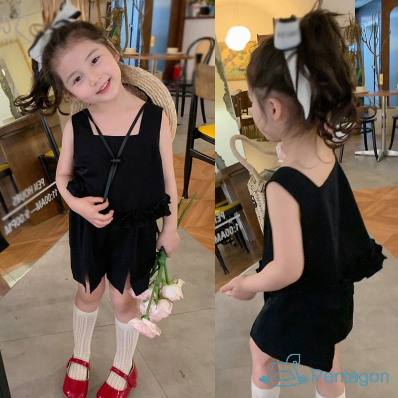 Bộ Áo Cotton Cổ Vuông + Quần Short Dáng Rộng Màu Trơn Thời Trang Mùa Hè Cho Bé Gái