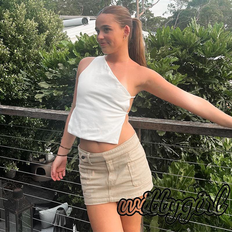 Áo Tank Top Lệch Vai Không Tay Hở Lưng Màu Trơn Thời Trang Mùa Hè Cho Nữ