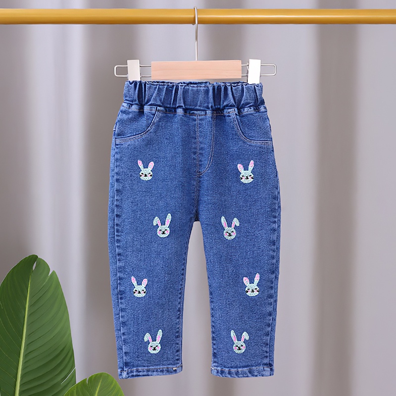 Quần Jean Ống Rộng Thêu Họa Tiết Hoạt Hình Xinh Xắn Dành Cho Bé 0-5 Tuổi