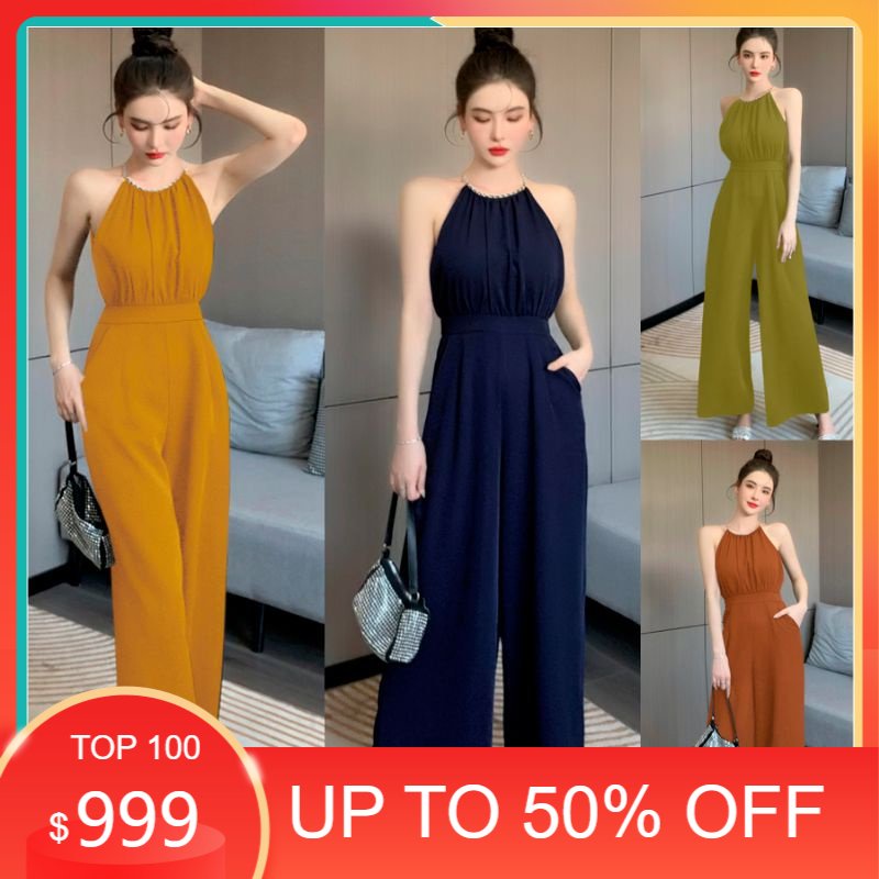 Jum dài ống suông cổ yếm phối xích dây kéo lưng xinh xắn jumpsuit dáng dài J1202