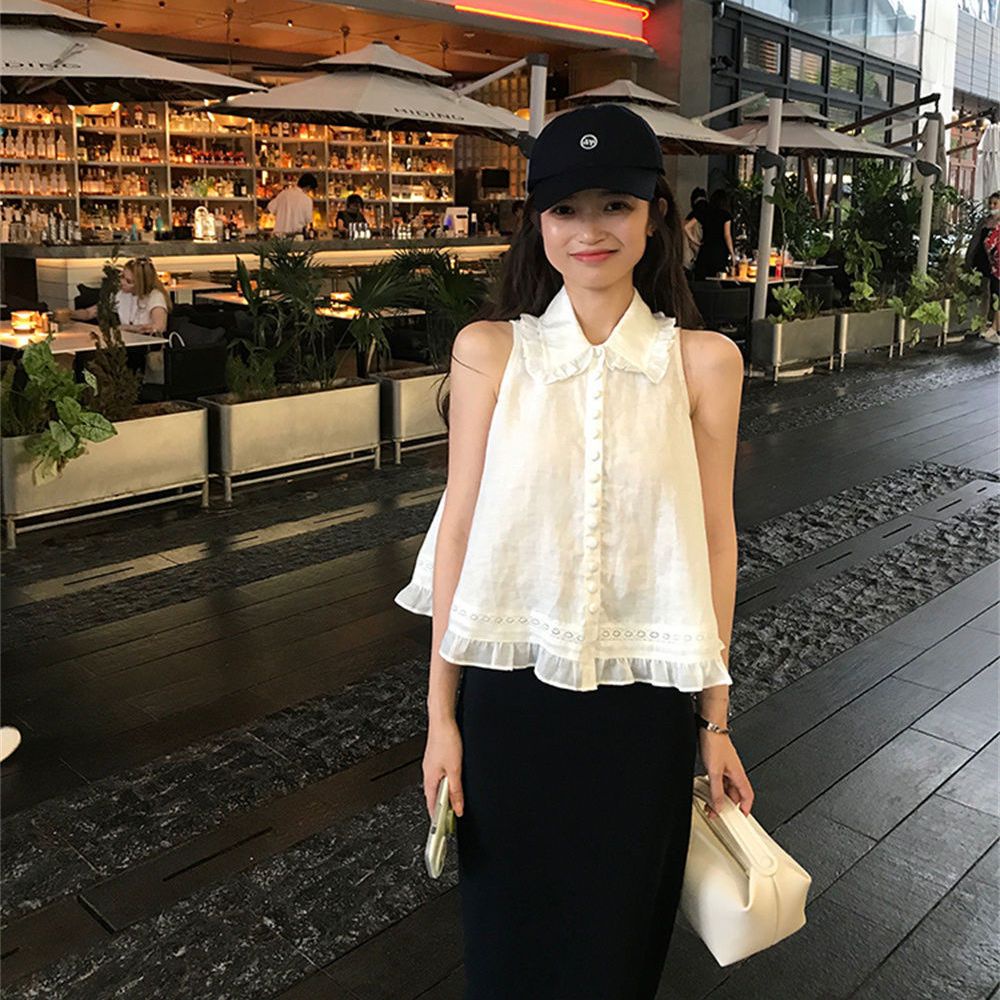 [F &amp; X] Áo Sơ Mi Cotton Lanh Cổ Búp Bê Viền Ren Nhỏ Nhắn Phong Cách Hàn Quốc Ngọt Ngào