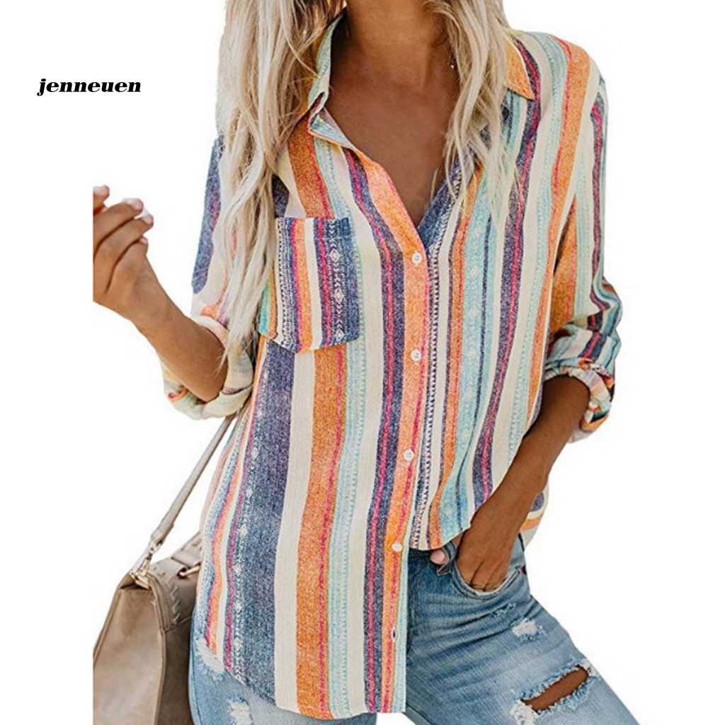 Áo Sơ Mi Tay Dài Kẻ Sọc Dọc Phối Túi Và Nút Thời Trang Công Sở Cho Nữ