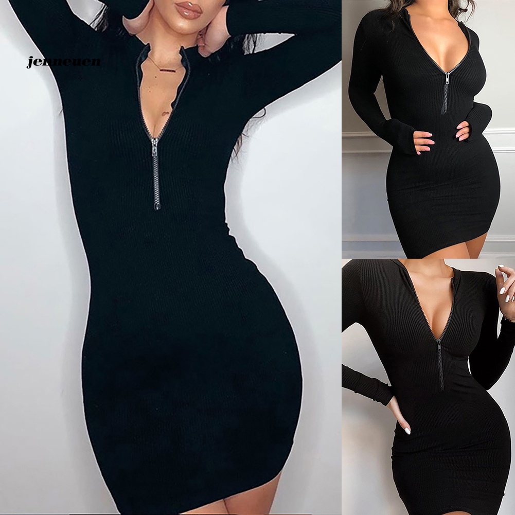 Đầm Ngắn Ôm Dáng Tay Dài Màu Trơn Có Khóa Kéo Phía Trước Gợi Cảm Cho Nữ