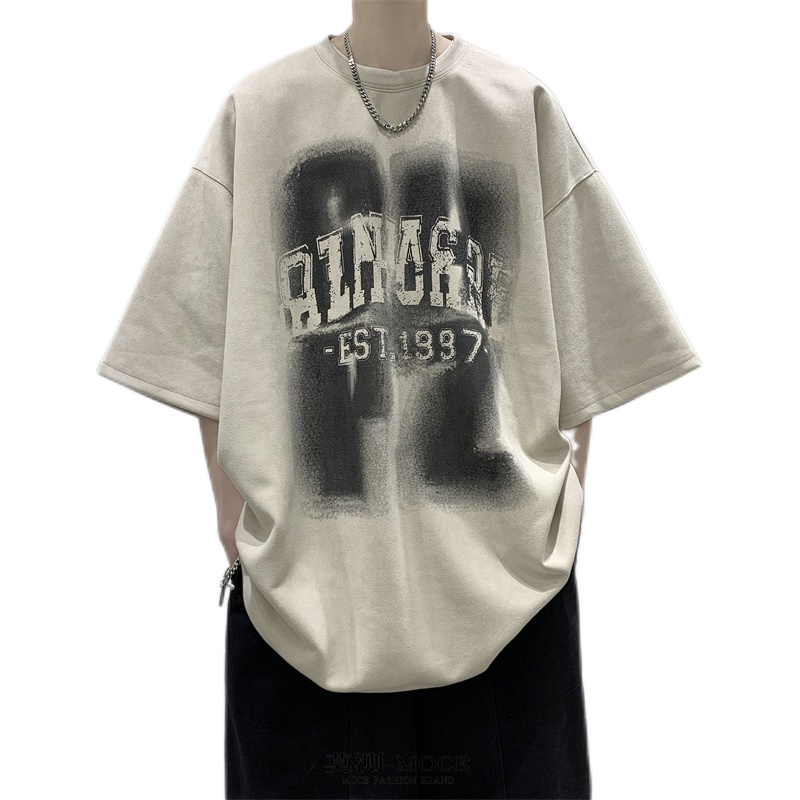 Áo Thun Da Lộn Tay Ngắn Dáng Rộng In Chữ Mo Measured Phong Cách Hip Hop Đường Phố Mỹ Thời Trang Mùa Hè Cho Nam