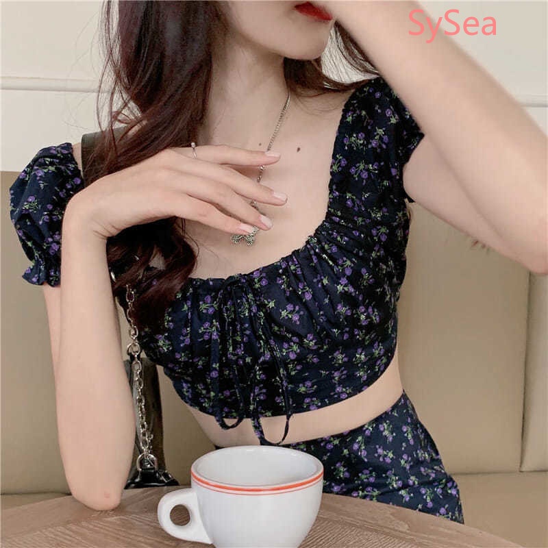Bộ Áo Croptop Tay Phồng + Chân Váy Thời Trang Xinh Xắn Cho Nữ Kiểu Hàn Quốc