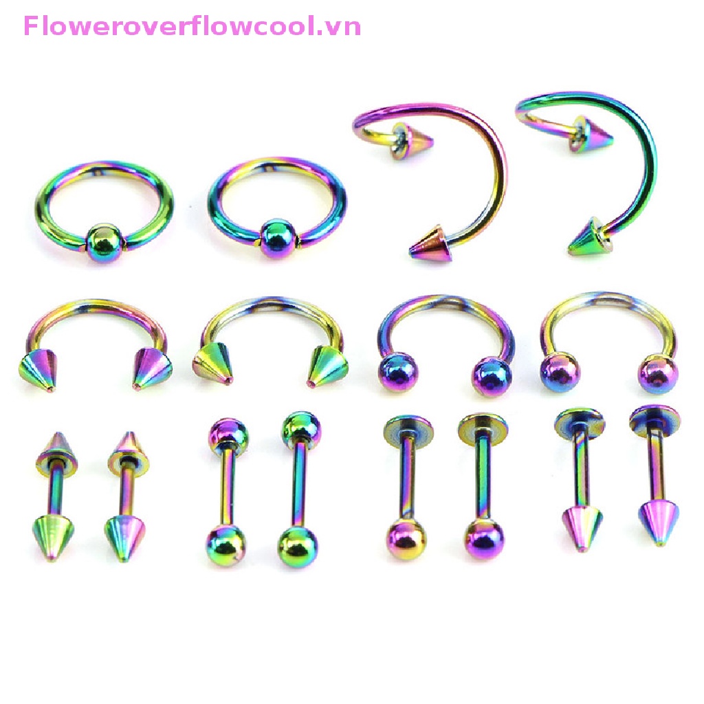 Bộ 16 Khuyên Xỏ Cơ Thể Bằng Thép Không Gỉ Hình Xoắn Ốc