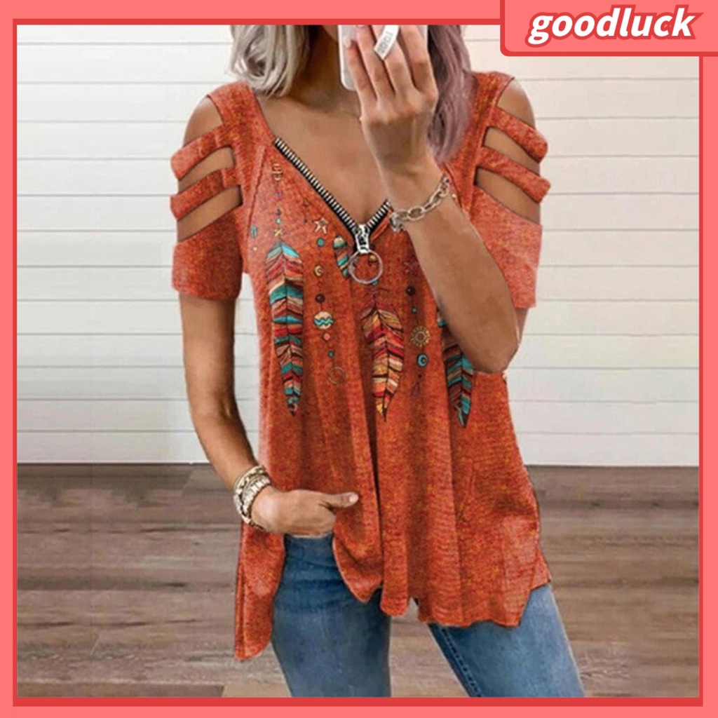 Áo Thun Tay Ngắn Dáng Rộng Cổ Chữ V In Họa Tiết Rỗng Có Khóa Kéo Cho Nữ