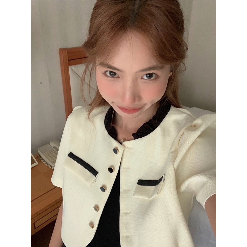 SUXI Bộ Áo Khoác Blazer Ngắn Tay + Đầm Ôm Không Tay Màu Sắc Đơn Giản Phong Cách Vintage Hàn Quốc