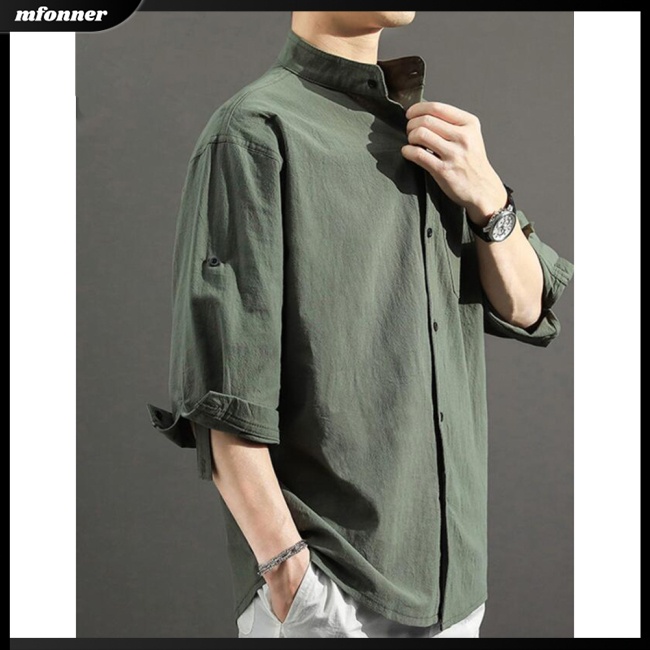 Áo Sơ Mi Cotton Lanh Tay Ngắn Cổ Đứng Dáng Rộng Màu Trơn Thời Trang Cho Nam Giới