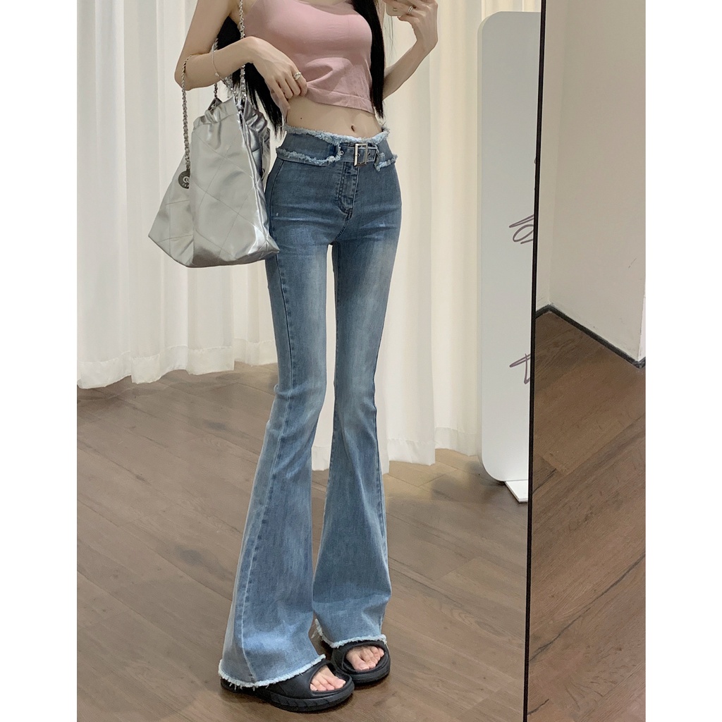 Giá Thật Thời Trang Hàn Quốc ~ Quần Jean Ống Loe Lưng Cao Vừa Vặn Với Sờn Cổ Điển Quyến Rũ Cho Nữ