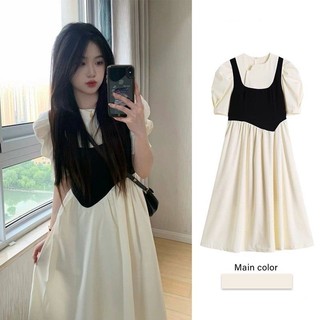Đầm Nữ Giả Hai Lớp Nhấn Eo Phong Cách Retro Thời Trang