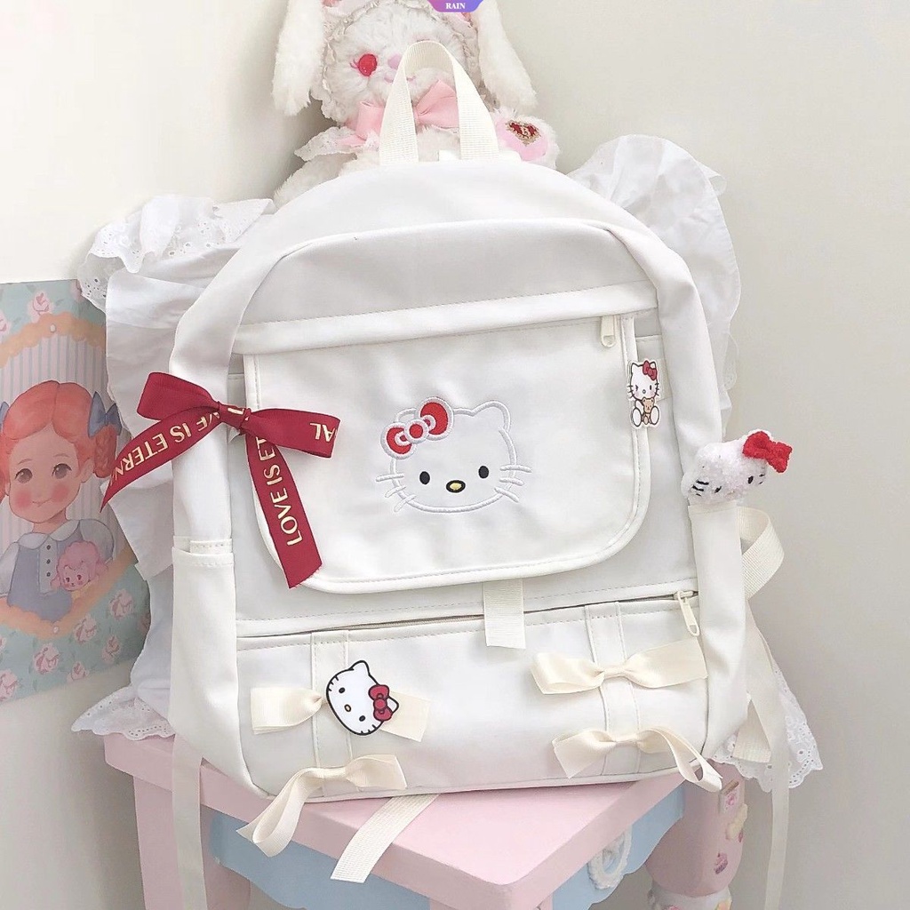 Ba Lô Vải Canvas Cỡ Lớn Có Khóa Kéo Họa Tiết Hoạt Hình Sanrio Hello Kitty Màu Trắng Cho Nữ
