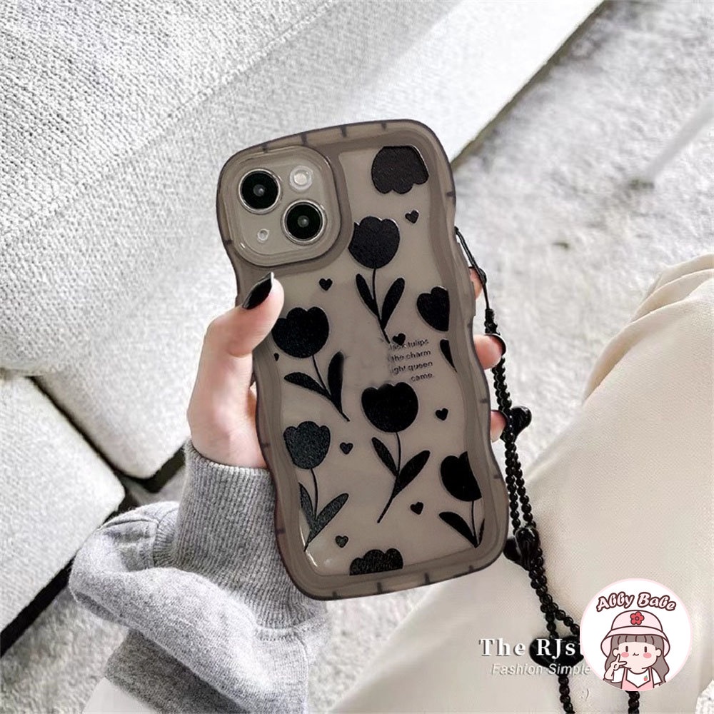 Ốp Điện Thoại TPU Mềm Chống Mồ Hôi Hình Hoa Tulip Màu Đen IP 14 Pro Max IP 11 Iphone 12 11 Pro Max X XS