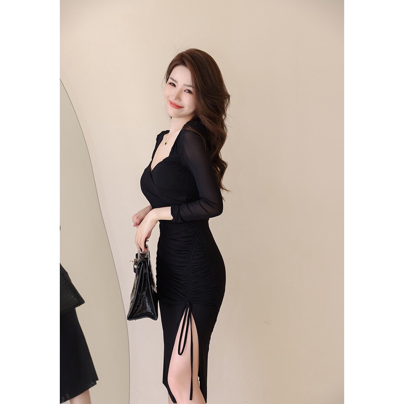 ZYHT Đầm Dài Tay Phối Lưới Thiết Kế Mỏng Quyến Rũ Thời Trang Theo Phong Cách Pháp Cho Nữ 9558