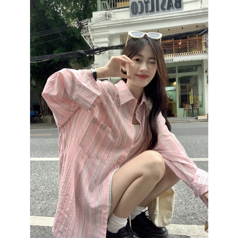 Áo Sơ Mi Chống Nắng Tay Dài Dáng Rộng Họa Tiết Kẻ Sọc Thời Trang Cho Nữ