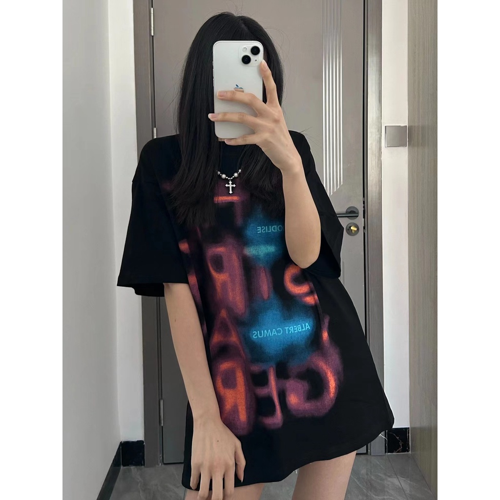 Áo Thun 100% cotton Ngắn Tay Cổ Tròn In Họa Tiết Đơn Giản Dành Cho Nữ