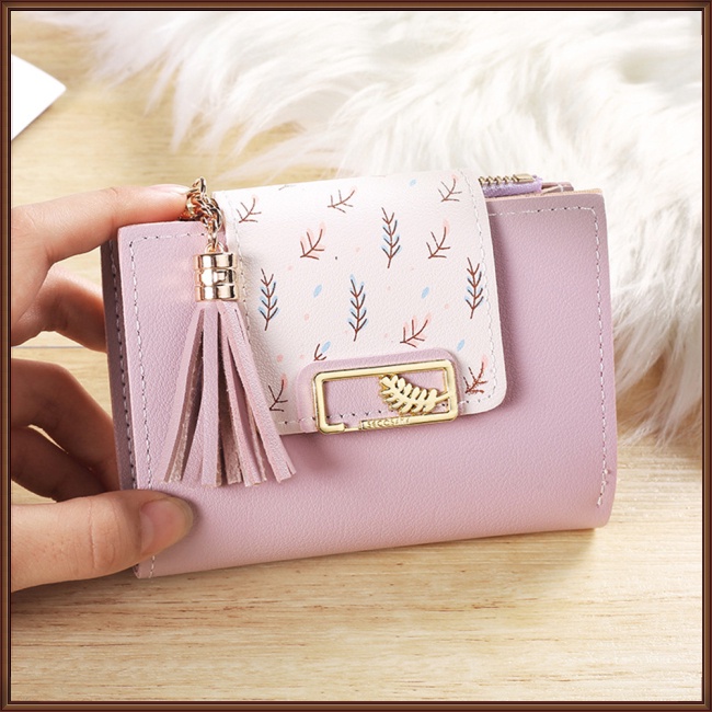 Ví Da Pu Ngắn Dạng Gập Có Mặt Dây Tua Rua Thời Trang Cho Nữ Giá Đỡ