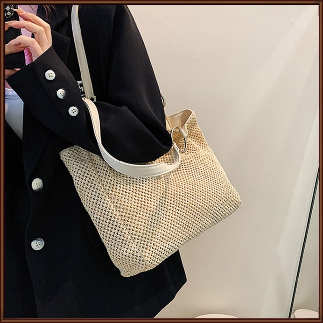 Túi Rơm Đeo Vai Sức Chứa Lớn Màu Trơn Có Khóa Kéo Thời Trang Đi Biển Mùa Hè Cho Nữ