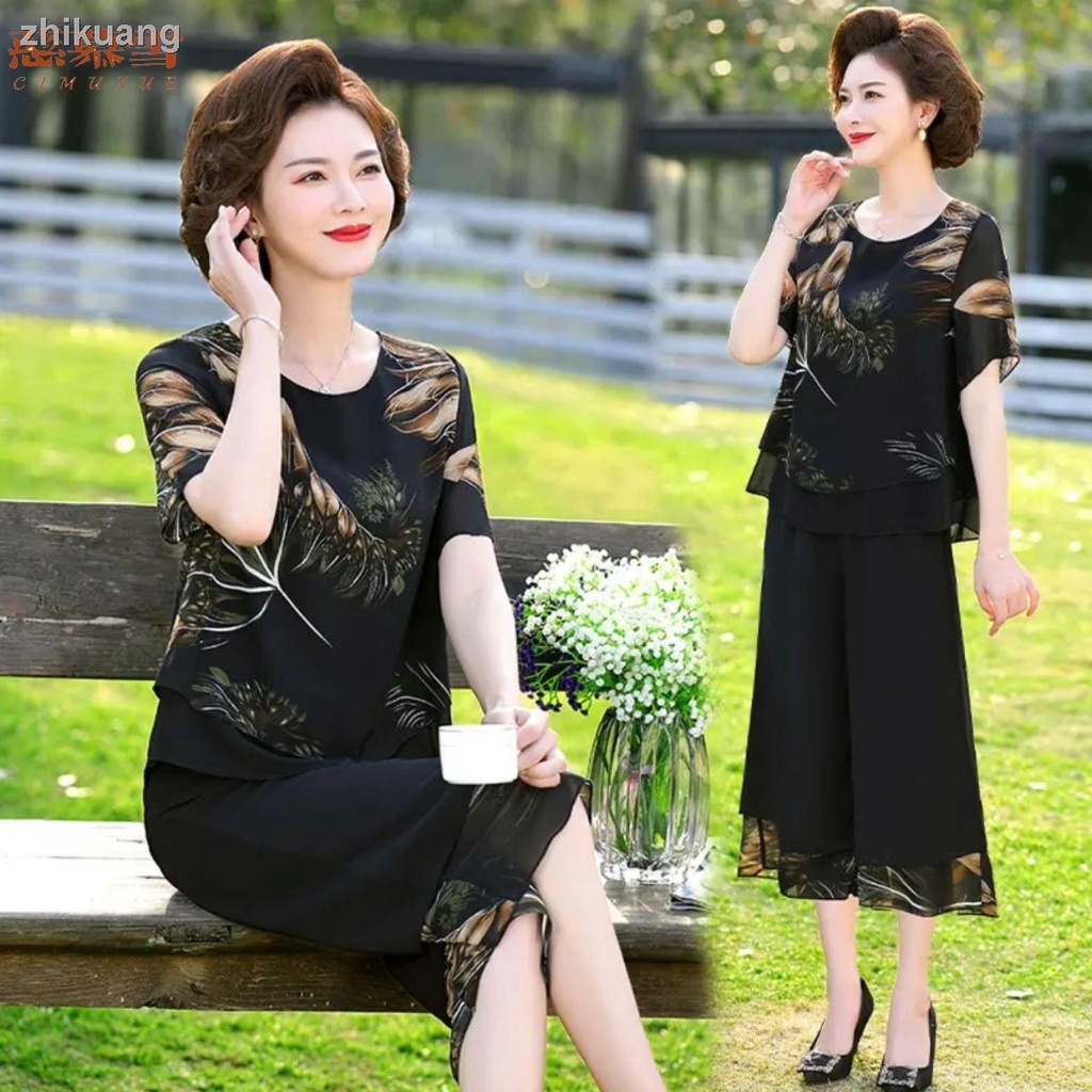 Mới Set Áo Thun Ngắn Tay + Quần Lửng Ống Rộng Thời Trang Dành Cho Phụ Nữ Trung Niên tw