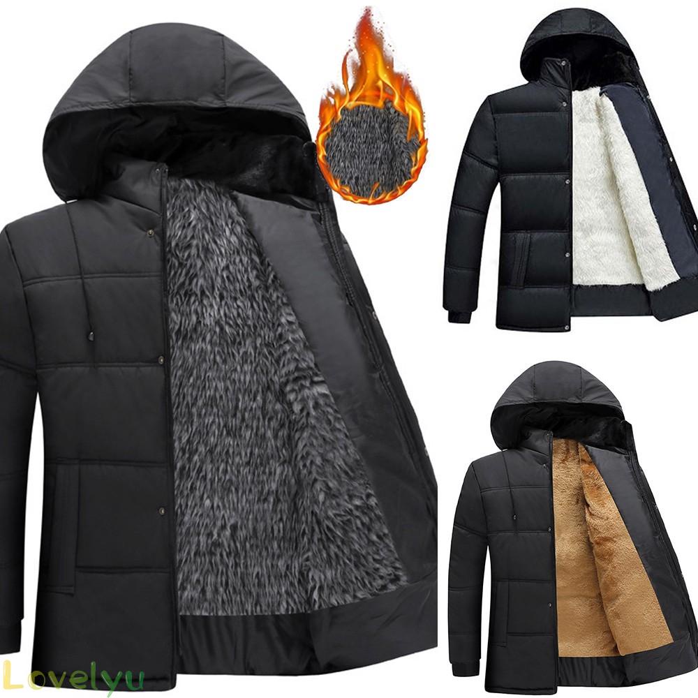⭐2023 ⭐Mens Coat Fleece Plus Plus Velvet Polyester Fur Lined Warm Coat Hooded