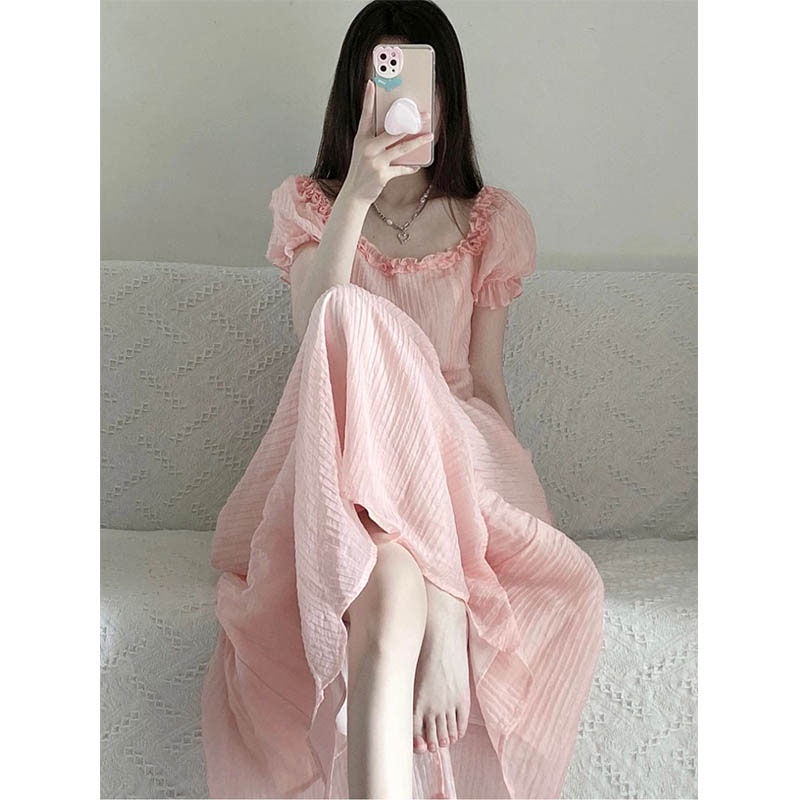 Đầm Công Chúa Tay Phồng Màu Hồng Ngọt Ngào Phong Cách Pháp Thời Trang Mùa Hè Cho Nữ