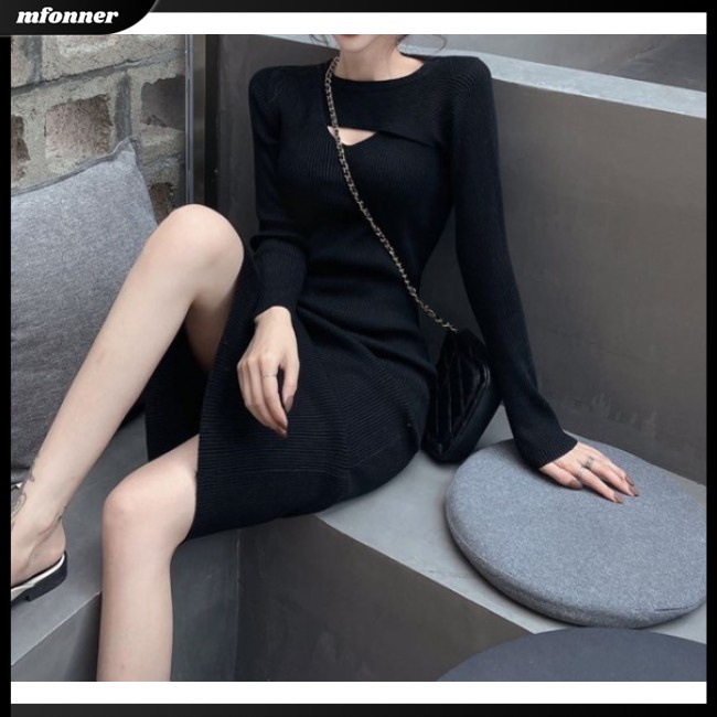 Đầm Dệt Kim Dài Tay Dáng Chữ A Lưng Cao Màu Trơn Thời Trang Gợi Cảm Cho Nữ