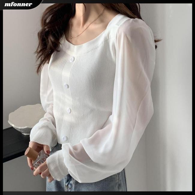 Áo Dệt Kim Tay Phồng Cổ Tròn Màu Sắc Đơn Giản Cho Nữ