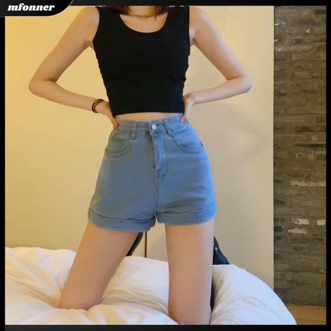 Quần Short Denim Thể Thao Dáng Chữ A Lưng Cao Dáng Rộng 2 Túi Cá Tính Cho Nữ