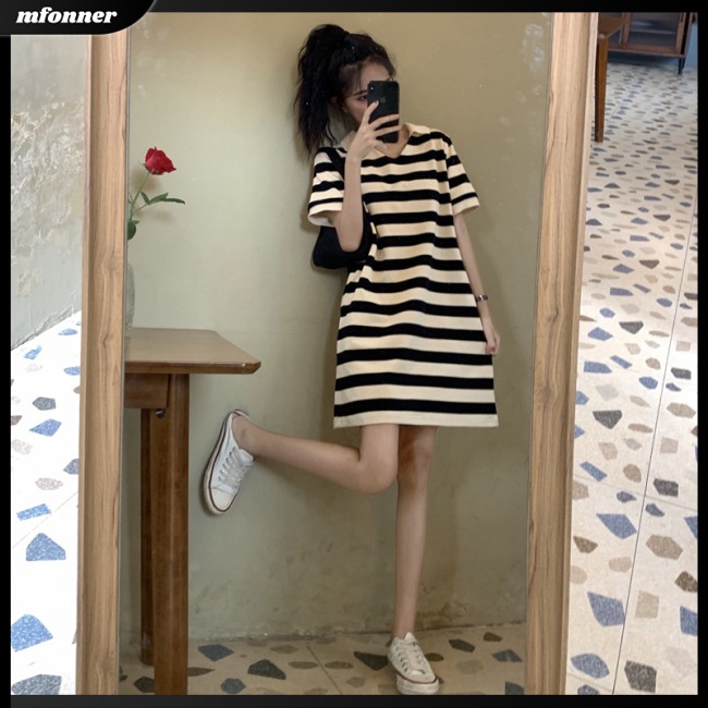 Đầm Thun Midi Cotton Pha Dáng Rộng Cổ Chữ V Tay Ngắn Họa Tiết Kẻ Sọc Cho Nữ